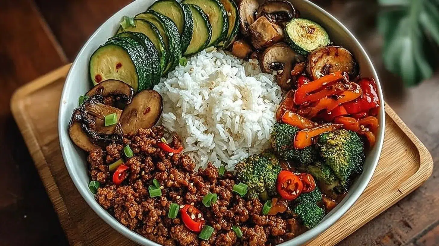 Spicy ground beef stir-fry bowl with garlic vegetables and rice