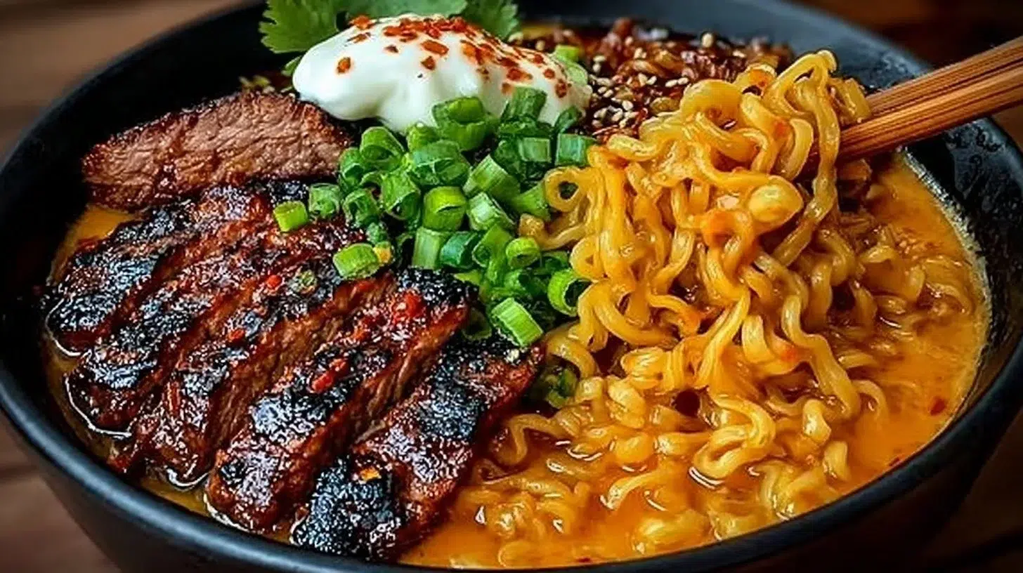 Spicy Korean Ramen topped with grilled beef and creamy sauce