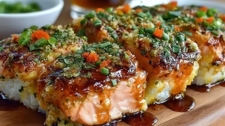 Spicy salmon sushi bake topped with creamy sauces and crispy toppings