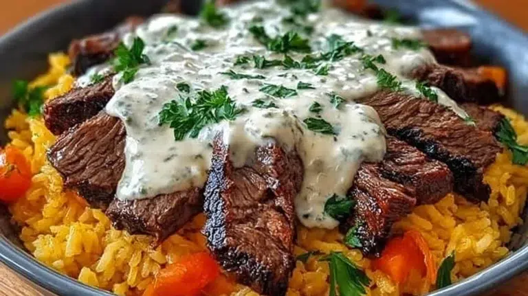 Delicious Steak Queso Rice Bowl topped with creamy queso and fresh ingredients.