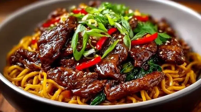 Plate of sticky beef noodles garnished with fresh herbs