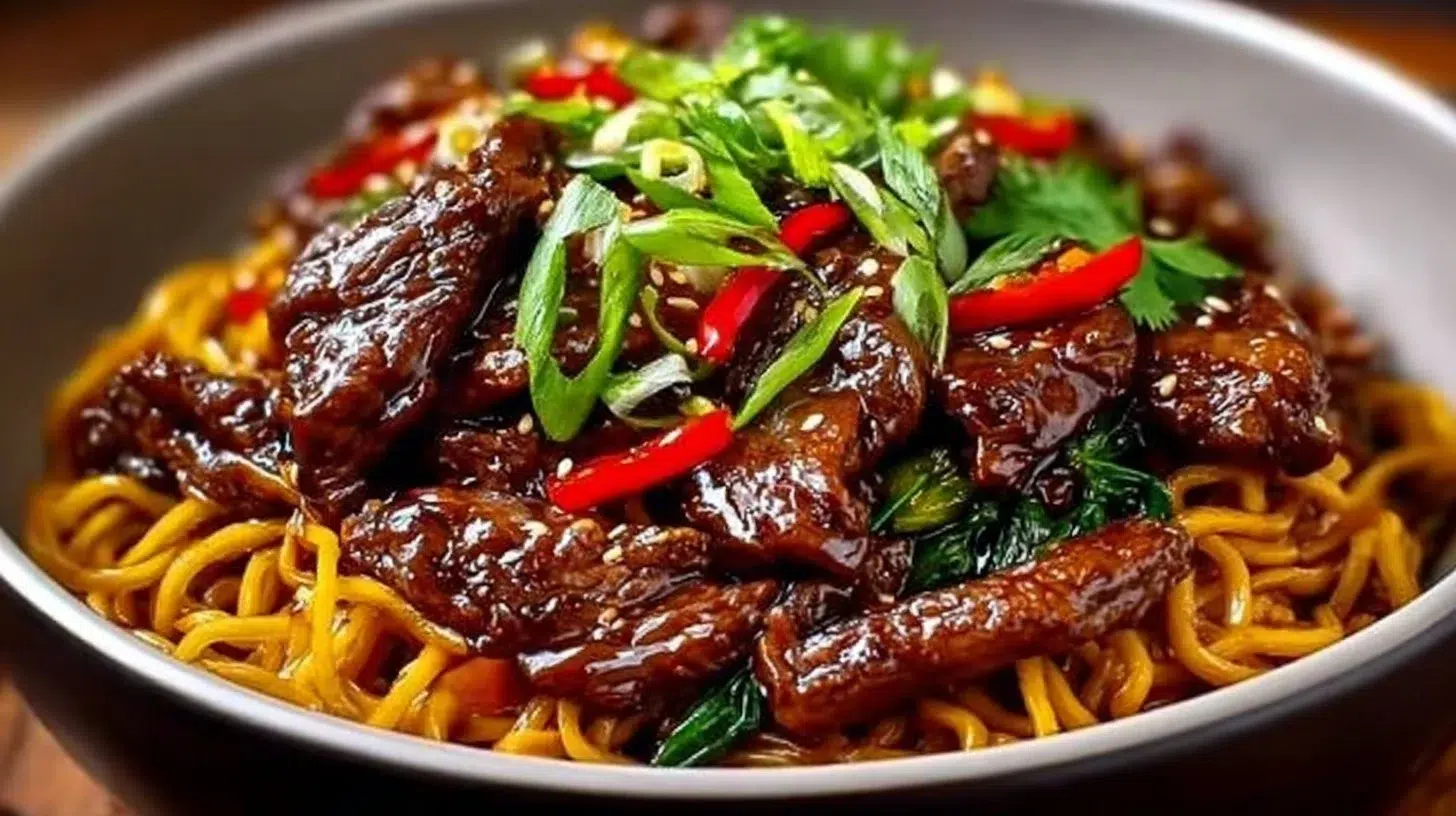 Plate of sticky beef noodles garnished with fresh herbs