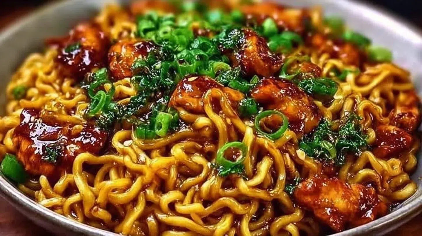 Plate of sticky garlic chicken noodles garnished with herbs and chili flakes