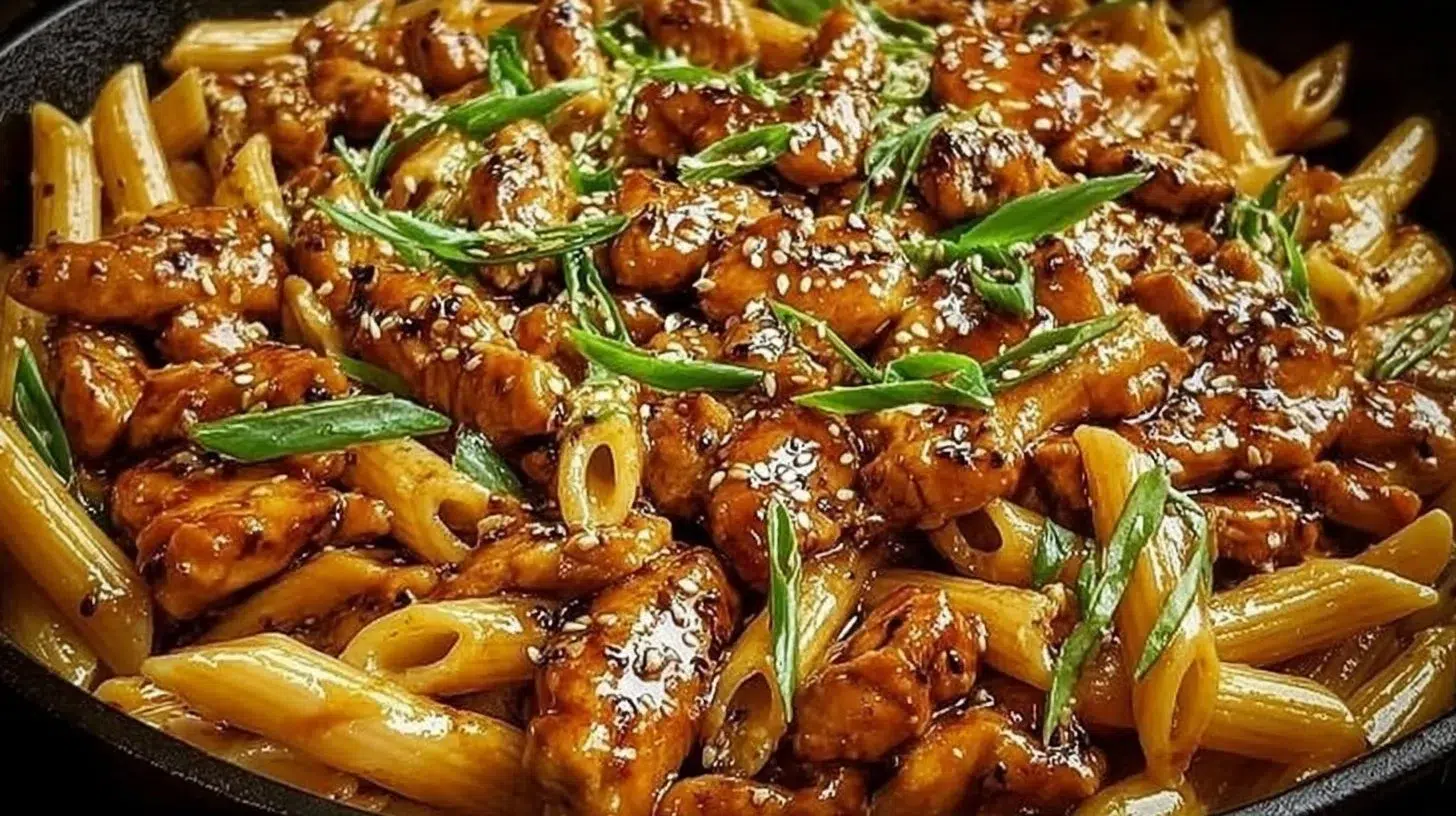 Sticky honey garlic chicken penne skillet dish on a plate