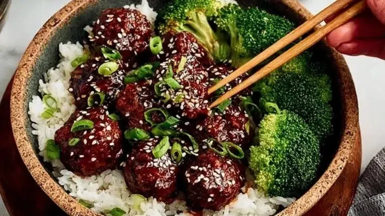 Delicious Sticky Mongolian Beef Meatballs served with sauce