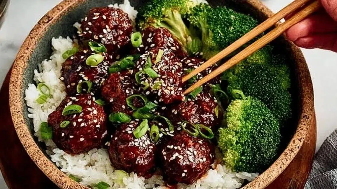 Delicious Sticky Mongolian Beef Meatballs served with sauce