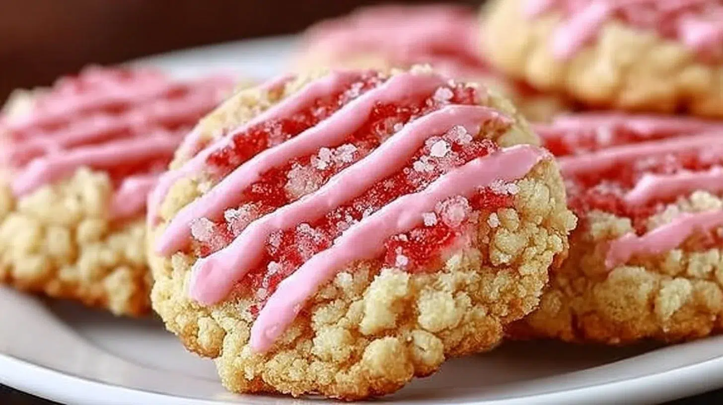 Freshly baked strawberry crunch cookies with crunchy topping