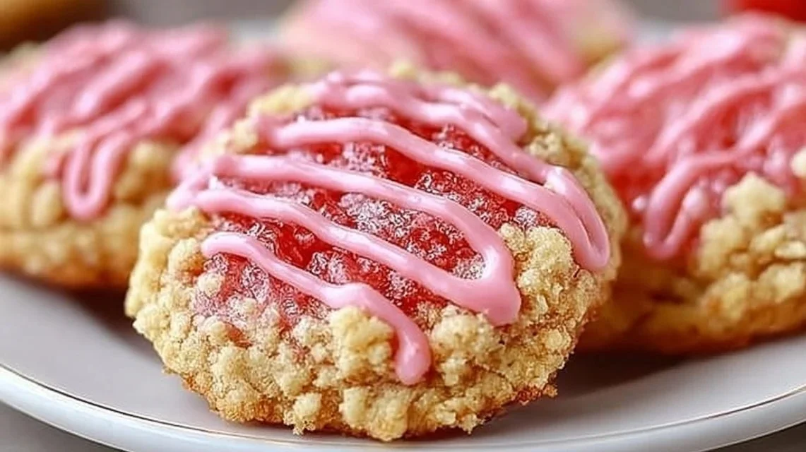 A plate of homemade strawberry crunch cookies topped with crushed strawberries.