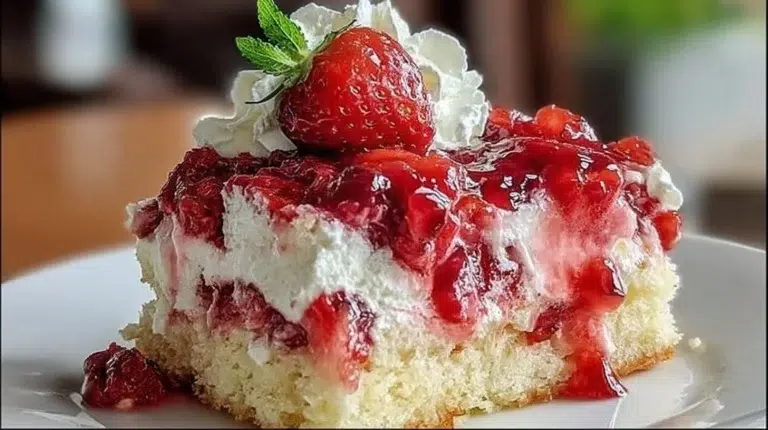 Delicious Strawberry Earthquake Cake with strawberries and rich frosting