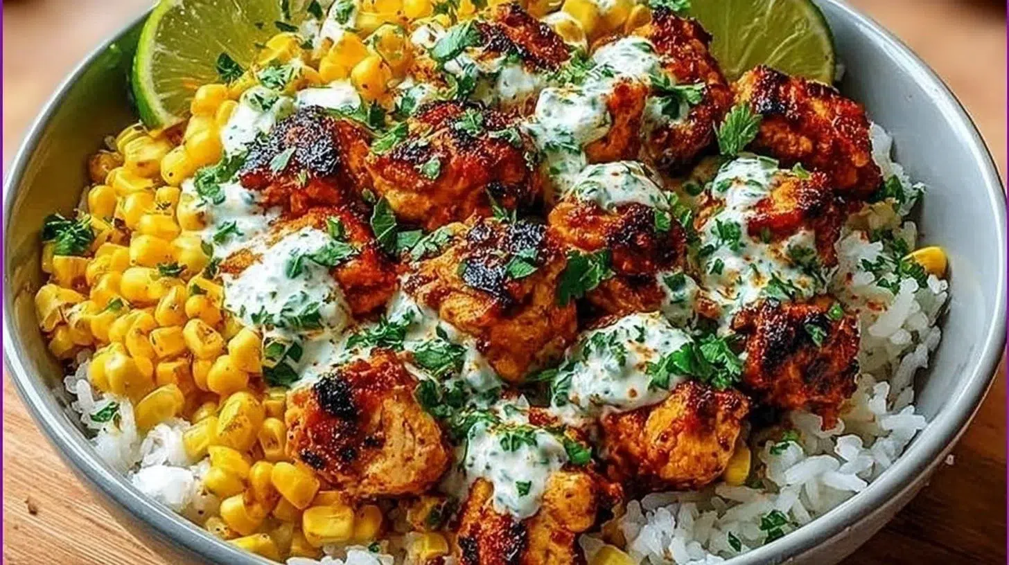 Street Corn Chicken Rice Bowl with grilled chicken, fresh corn, and rice