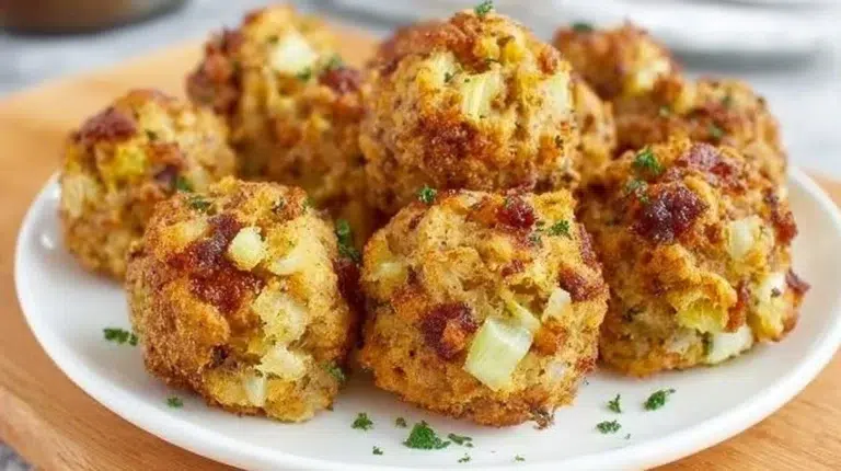 Delicious homemade stuffing balls ready to serve at a festive dinner
