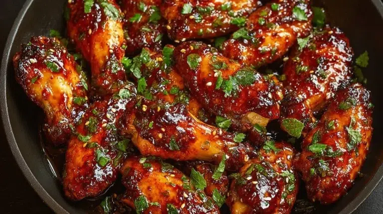 Delicious sweet and spicy chicken wings served on a plate