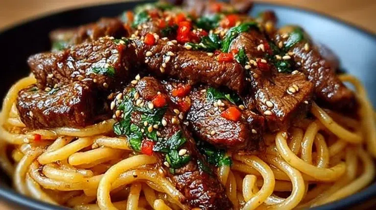 Plate of Sweet and Spicy Garlic Steak Pasta garnished with herbs and spices.