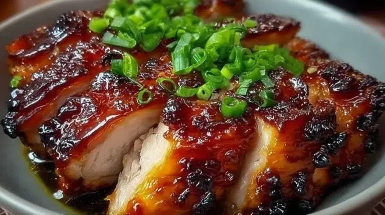 Delicious sweet barbecued chicken served on a grill plate