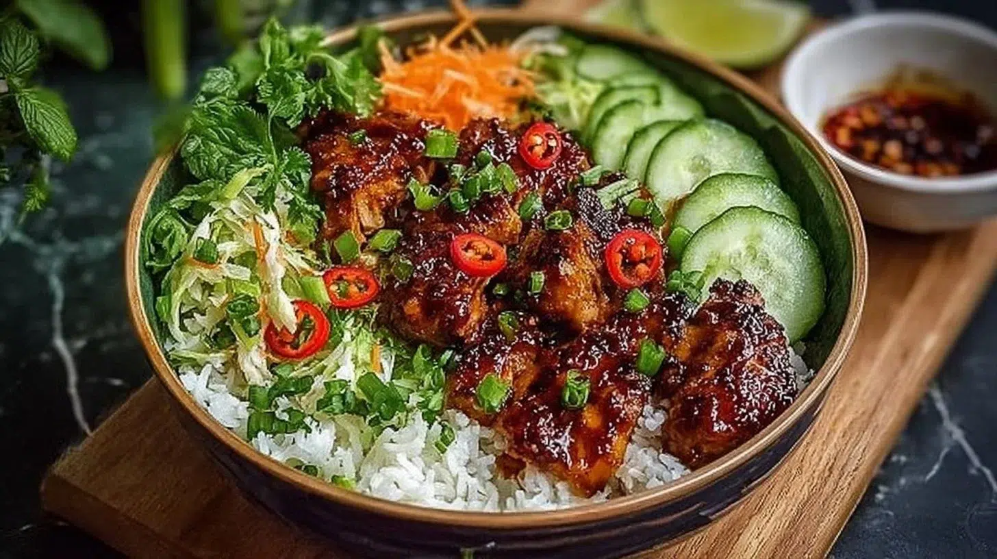 Sweet chili chicken rice bowl topped with fresh vegetables and herbs