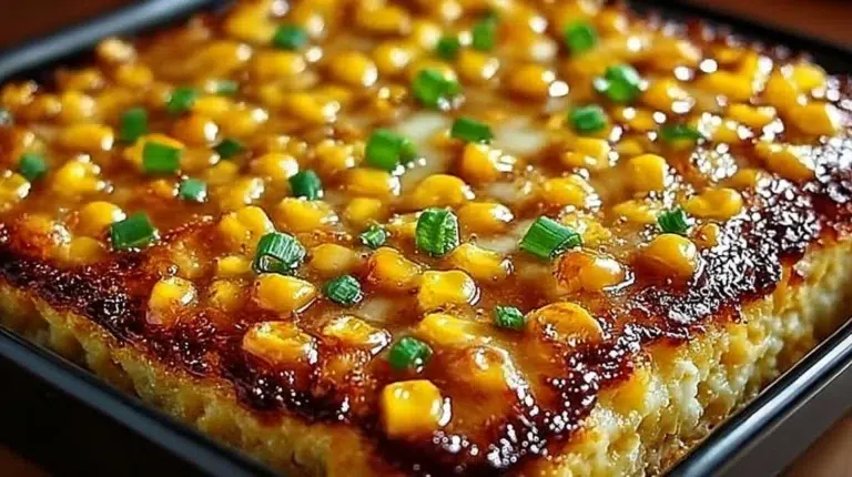 Honey-glazed corn casserole prepared and served in a dish