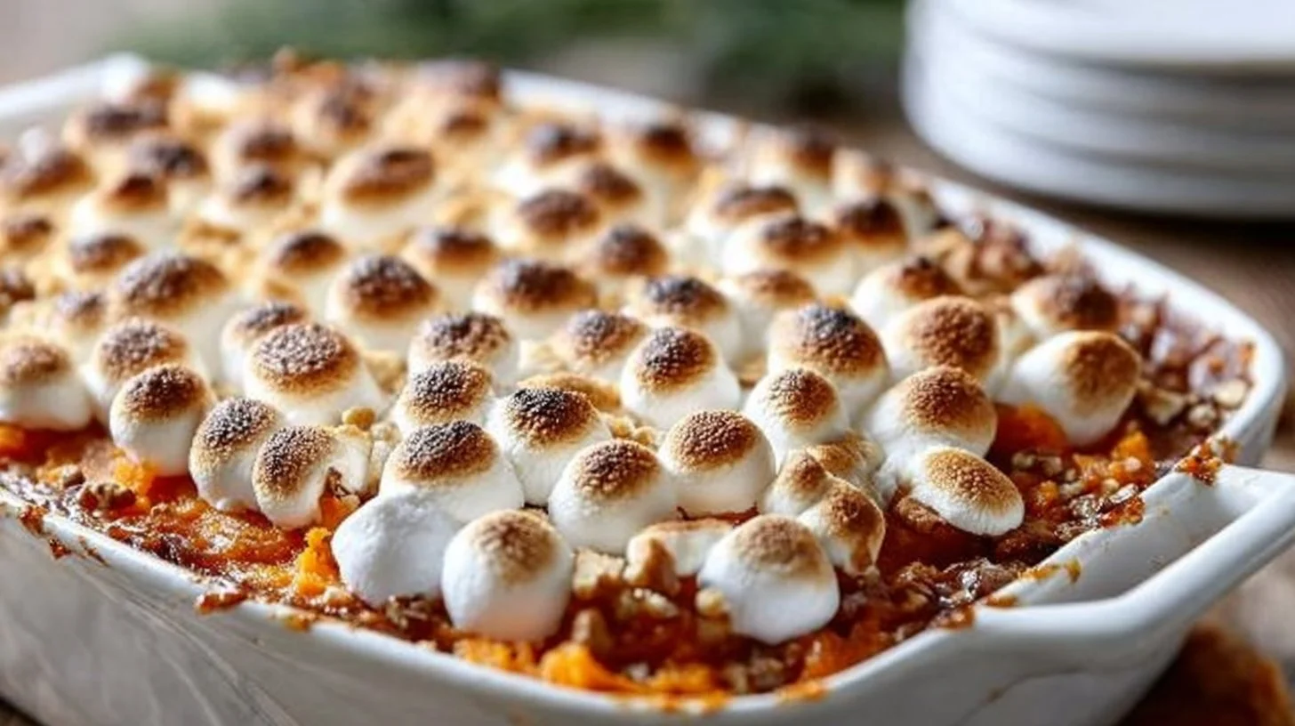 Delicious sweet potato casserole topped with marshmallows and pecans