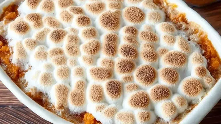 Delicious and creamy sweet potato casserole topped with crunchy pecan streusel.