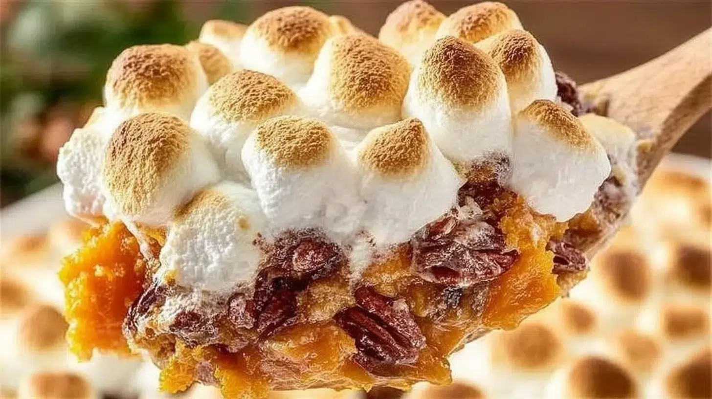Delicious sweet potato casserole topped with marshmallows and pecans