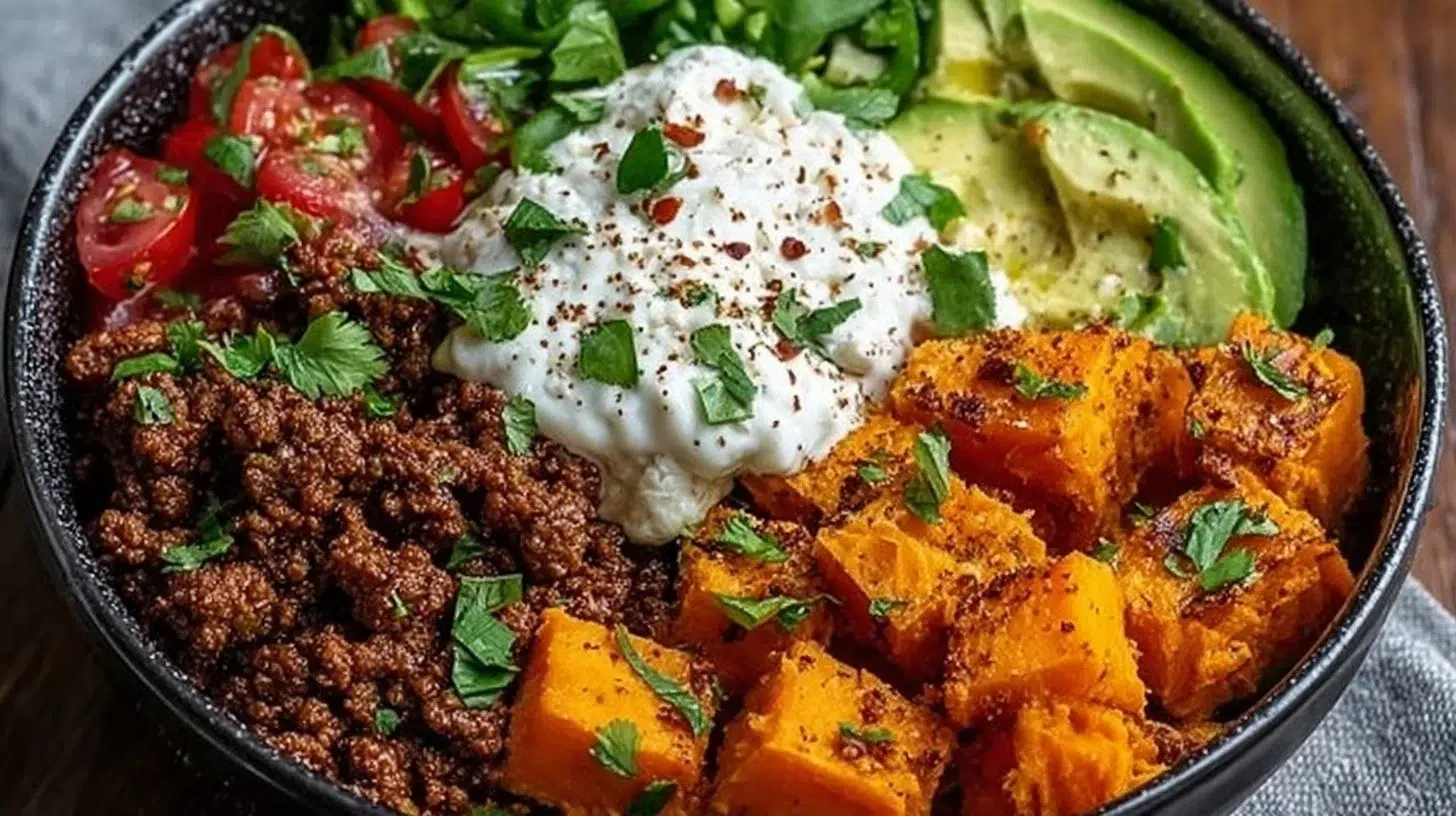 Colorful sweet potato taco bowl with fresh ingredients and toppings
