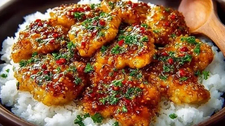 Delicious honey garlic chicken dish garnished with herbs