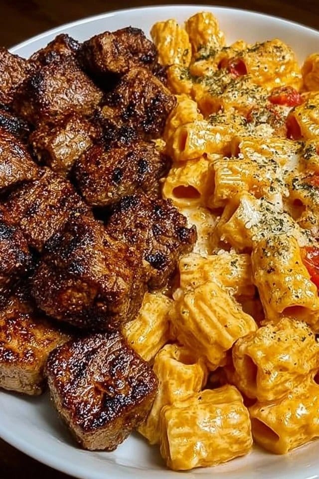 Cajun Steak Tips with Cheesy Rigatoni