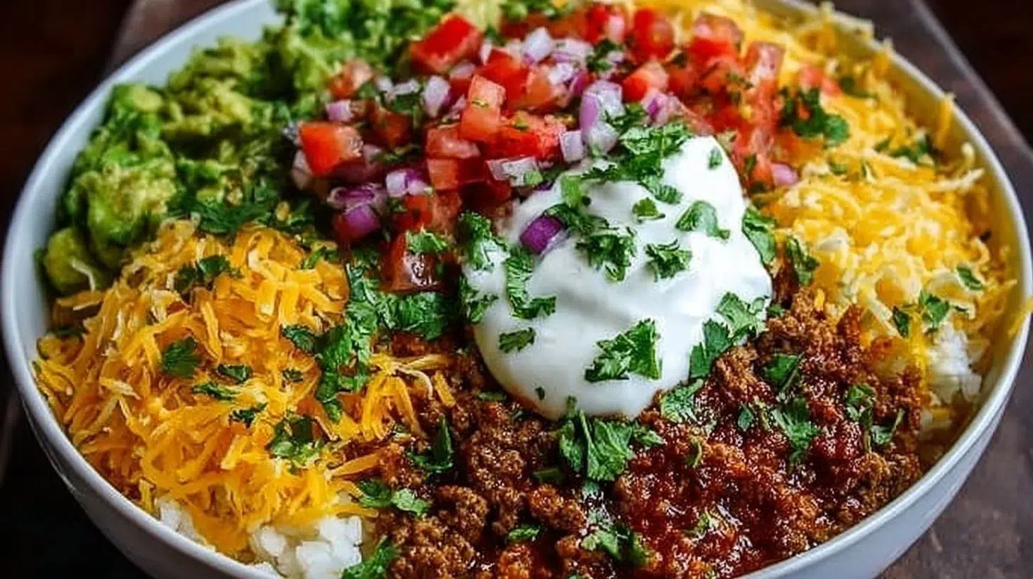 Delicious Taco Rice Bowl with toppings and vibrant ingredients
