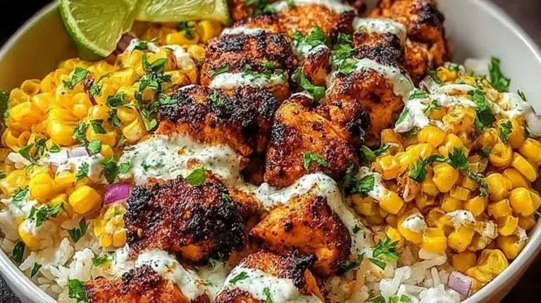 Tasty Street Corn Chicken Bowl garnished with herbs and spices