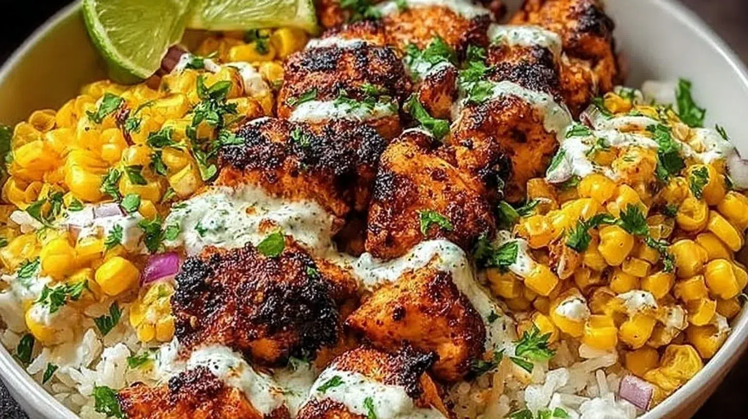 Tasty Street Corn Chicken Bowl garnished with herbs and spices