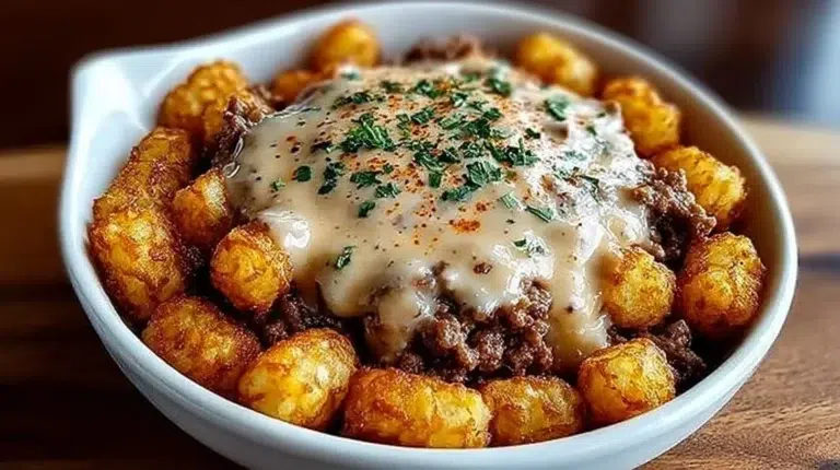 Tater Tot Breakfast Bowl topped with rich sausage gravy and garnished with green onions