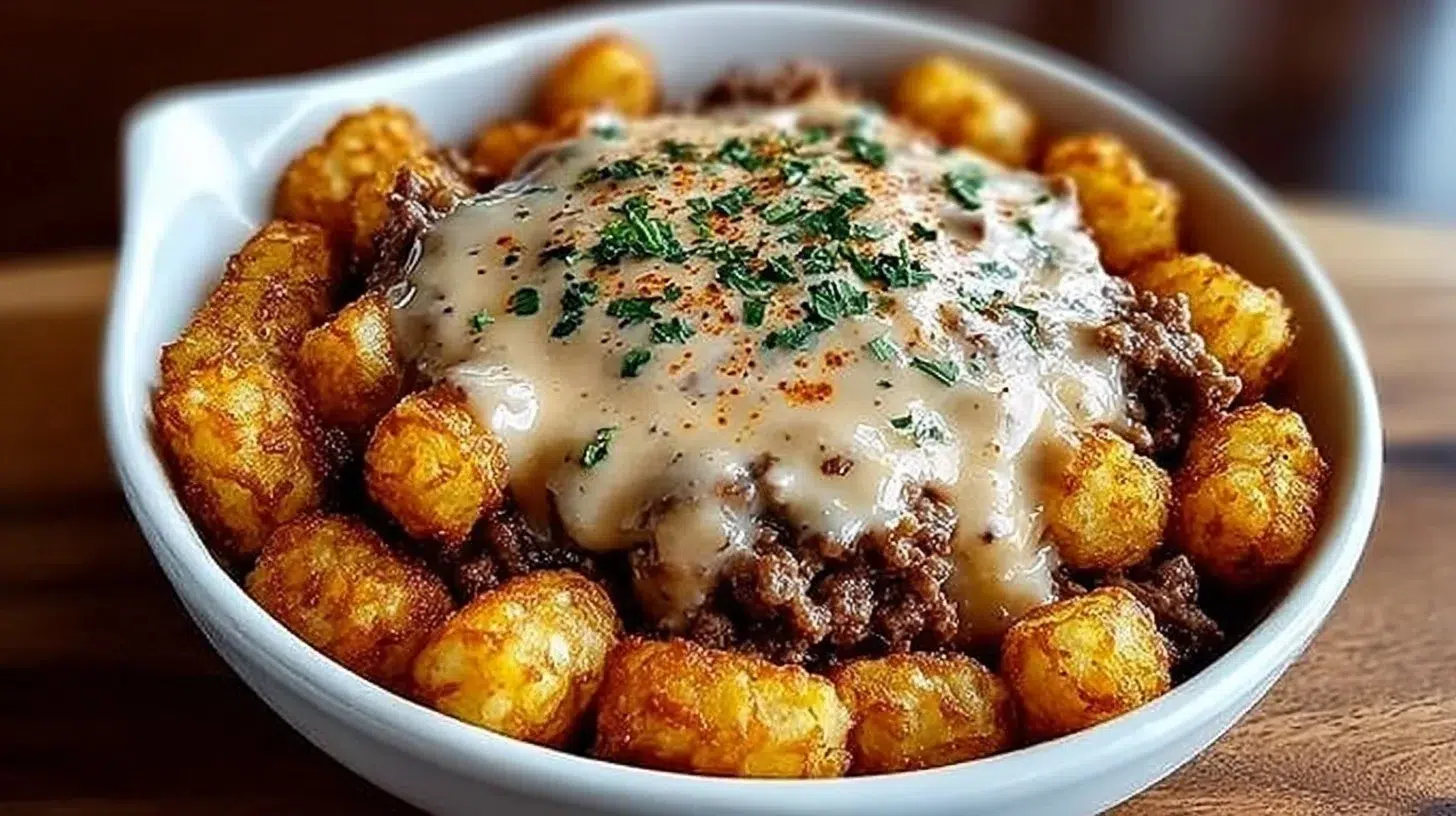 Tater Tot Breakfast Bowl topped with rich sausage gravy and garnished with green onions