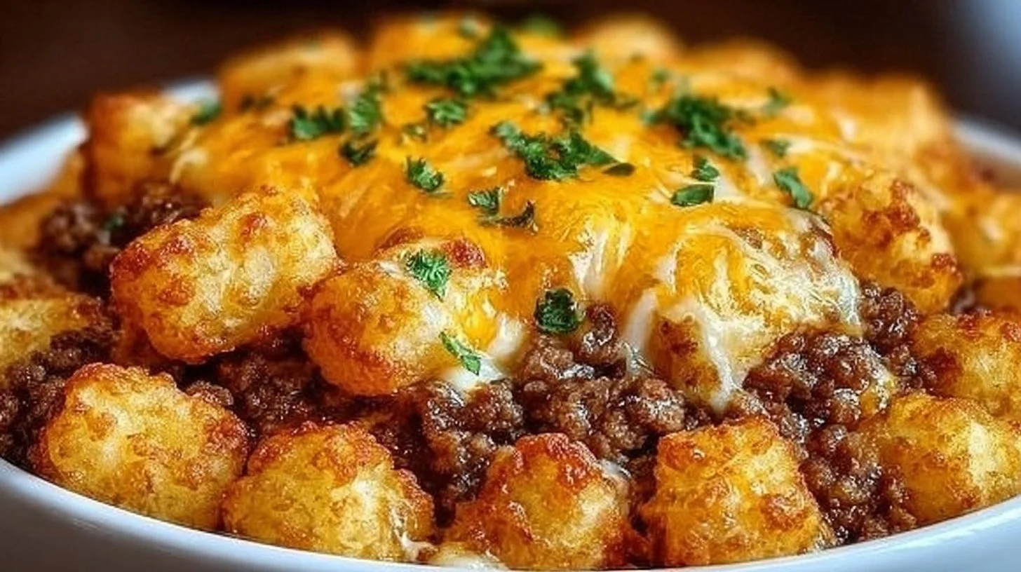 Delicious Tater Tot Casserole fresh from the oven, topped with crispy tater tots.