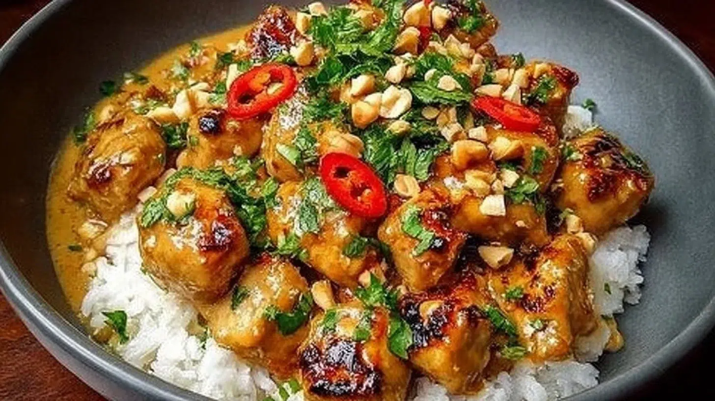Delicious Thai Peanut Chicken served with fresh vegetables