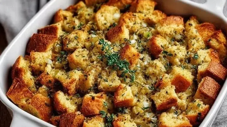 Delicious Thanksgiving stuffing made from scratch, ready for the holiday feast.