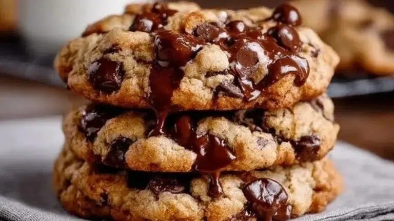 A freshly baked giant chocolate chip cookie, golden brown and gooey.