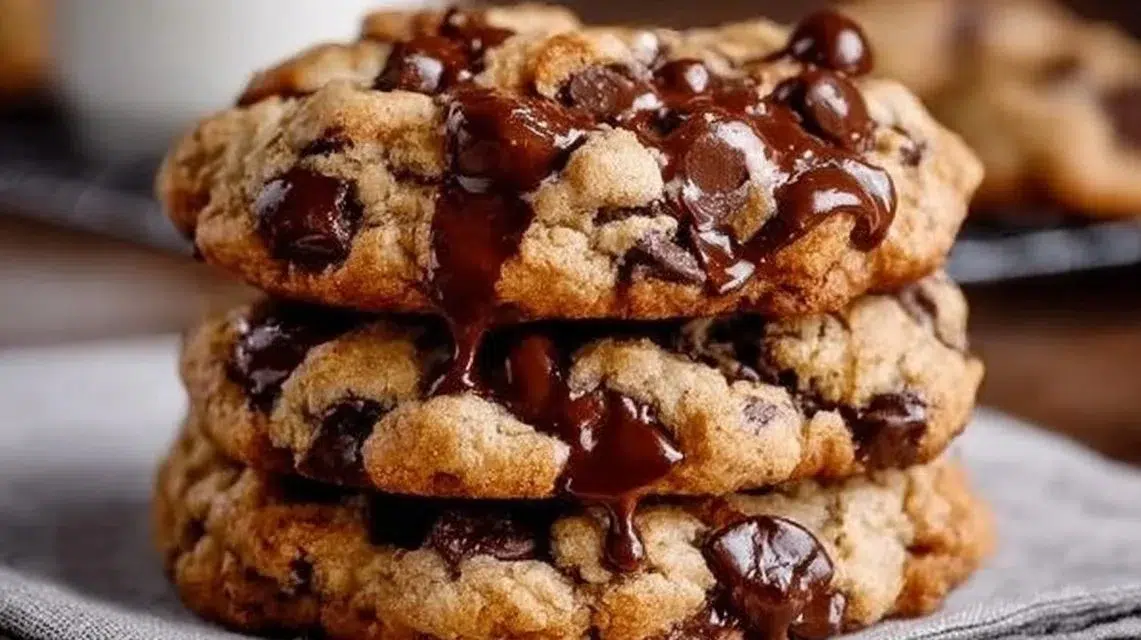 A freshly baked giant chocolate chip cookie, golden brown and gooey.
