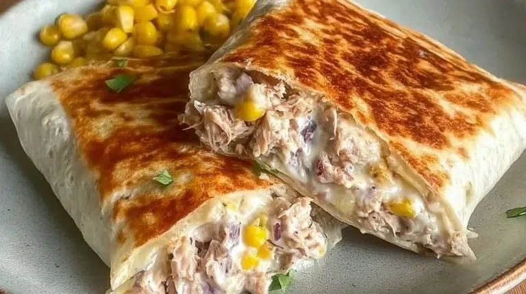 Delicious tuna melt wrap filled with flavorful tuna, cheese, and fresh veggies.