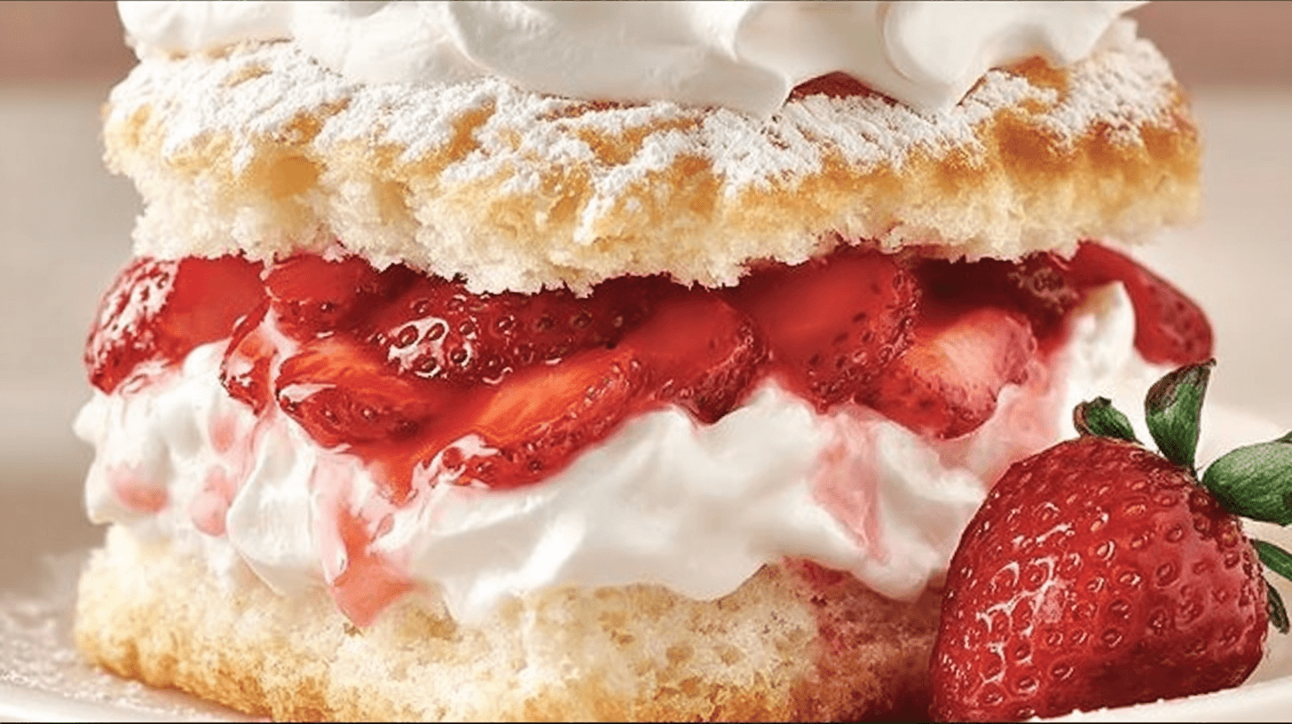 Close-up of Strawberry Shortcake Recipe with layers of fluffy biscuit, thick whipped cream, and juicy sliced strawberries, topped with powdered sugar and a whole berry on the side.