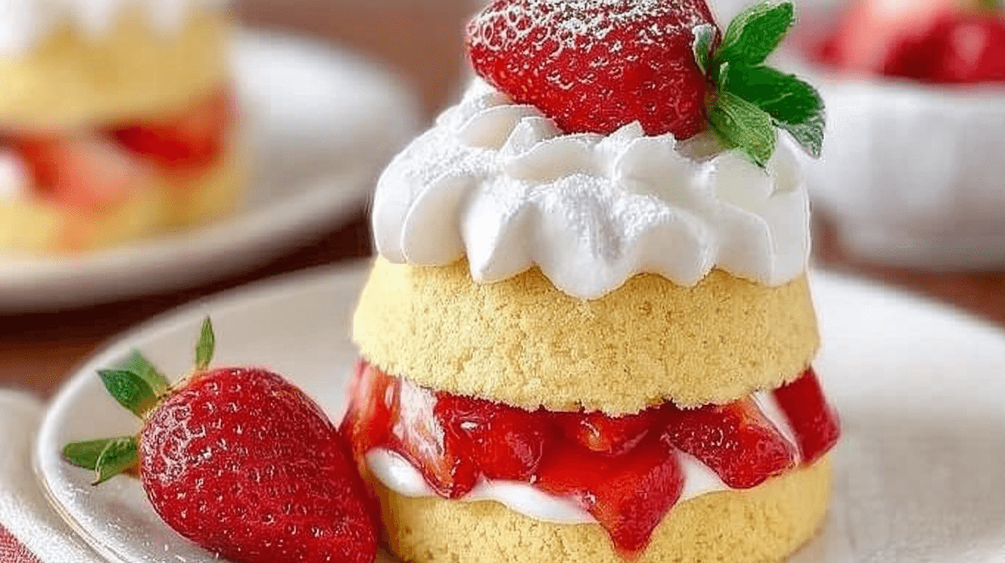 Easy Strawberry Shortcake Recipe mini sponge cake stack with whipped cream and glossy sliced strawberries, topped with a whole berry and mint on a white plate.