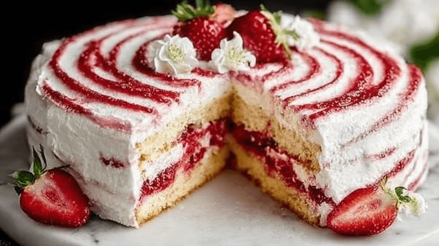 Strawberry Shortcake Layer Cake with a slice removed, showing fluffy vanilla layers, whipped cream frosting, and bright red strawberry filling, decorated with fresh strawberries and white flowers on top.