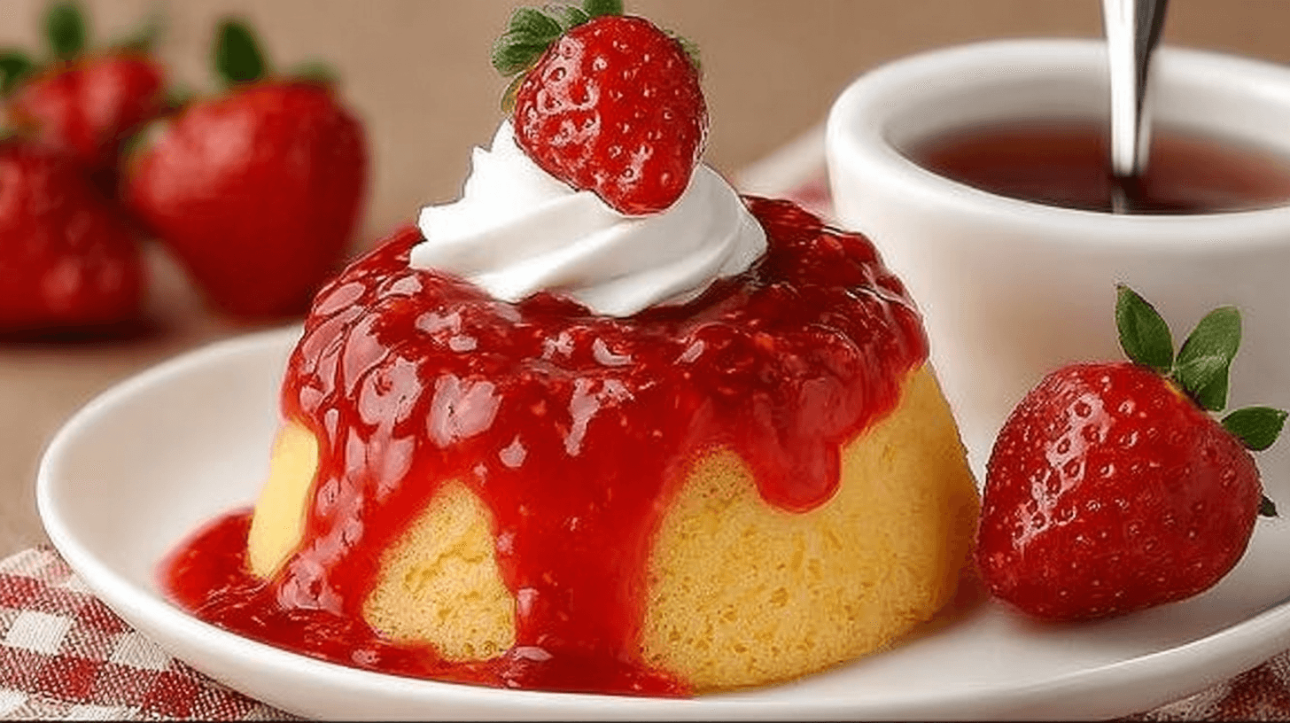 Strawberry Sauce poured generously over a mini vanilla shortcake, topped with whipped cream and a fresh strawberry on a white plate.
