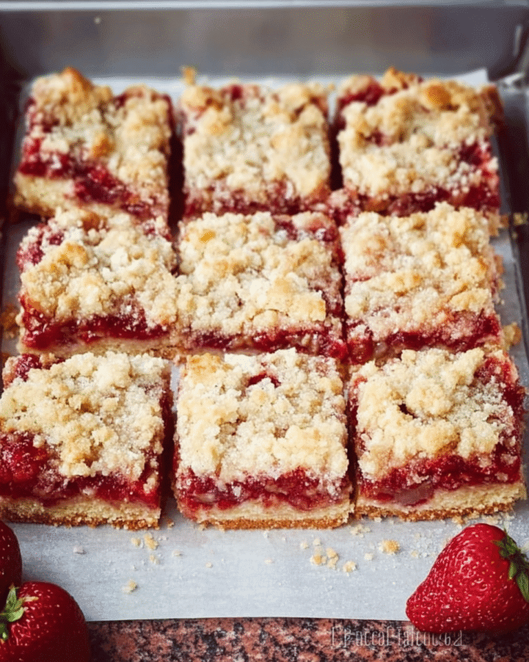 Freshly baked Strawberry Crumb Bars cut into squares in a metal pan, with a golden crumb topping and bright red strawberry filling, plus whole strawberries on the side.