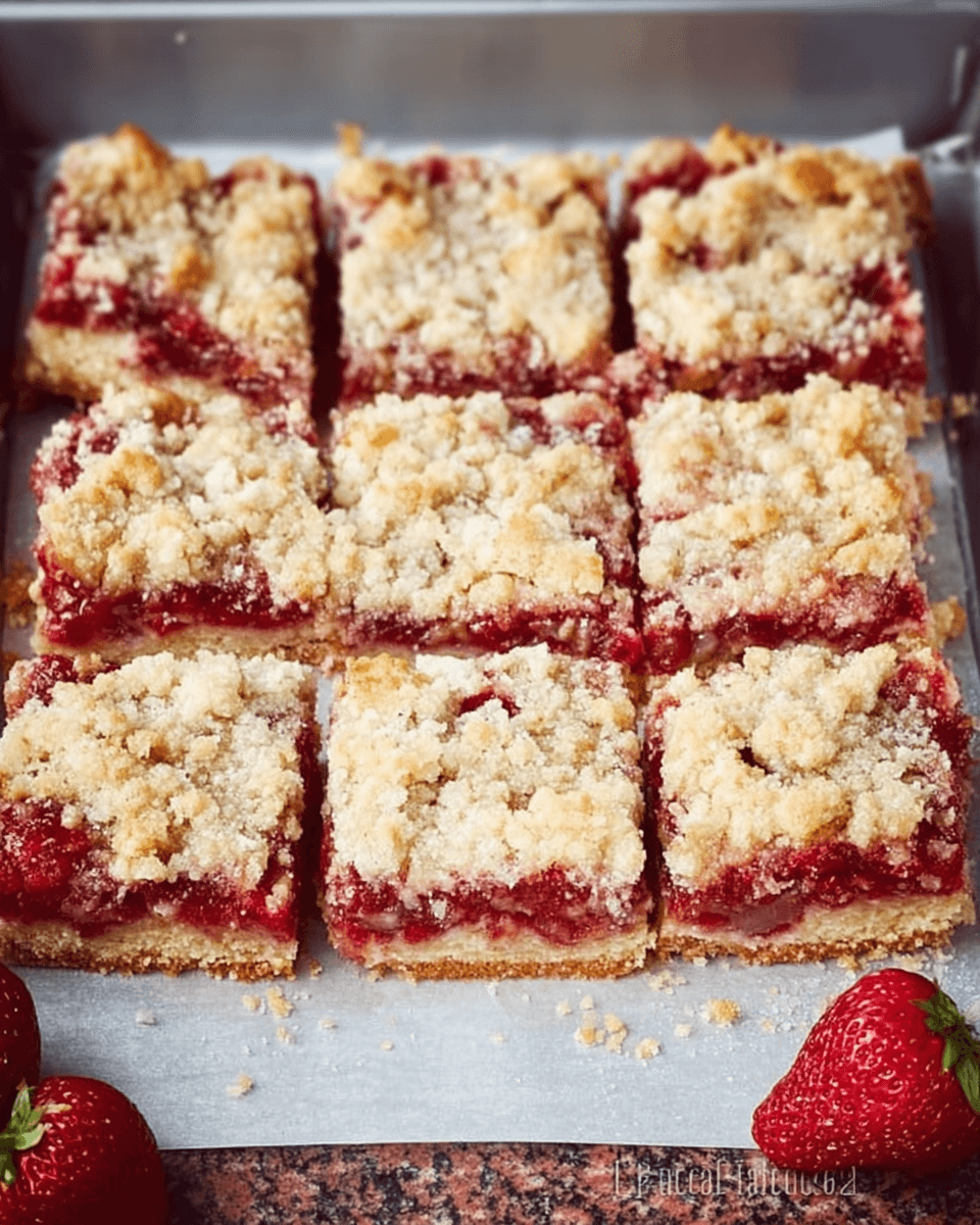 Freshly baked Strawberry Crumb Bars cut into squares in a metal pan, with a golden crumb topping and bright red strawberry filling, plus whole strawberries on the side.