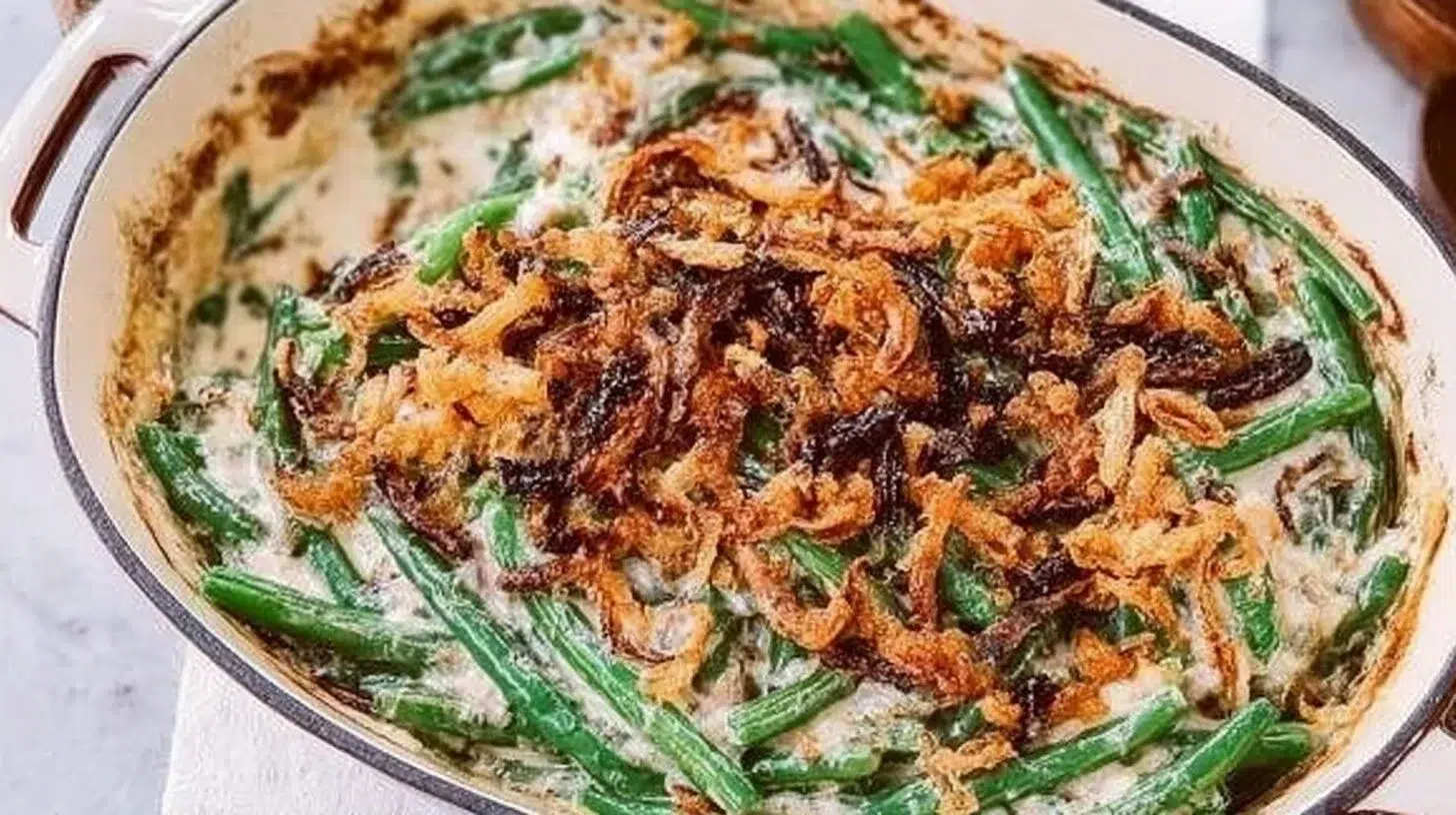 Delicious green bean casserole with crispy toppings and creamy sauce