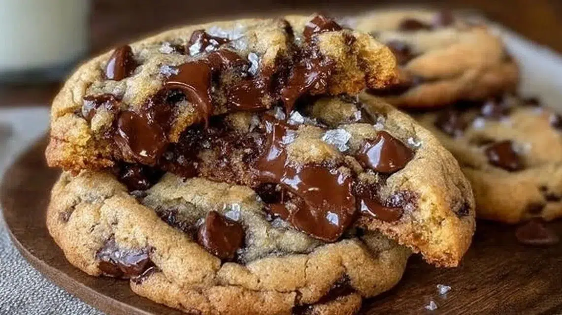 Ultra thick chocolate chip cookies with crispy edges and gooey chocolate centers