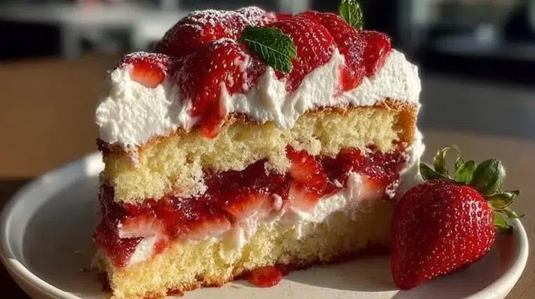 Delicious homemade strawberry shortcake cake with fresh strawberries and cream