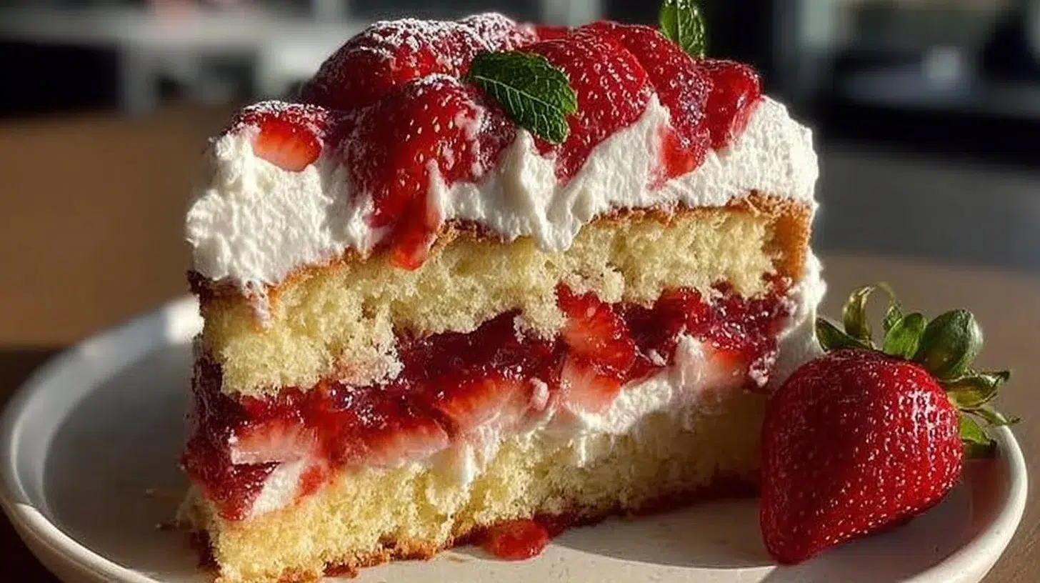 Delicious homemade strawberry shortcake cake with fresh strawberries and cream