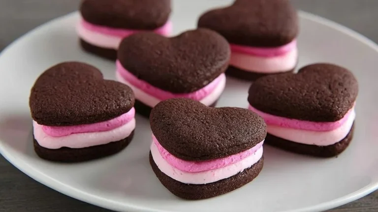 Valentine sandwich cookies decorated with hearts and pink frosting