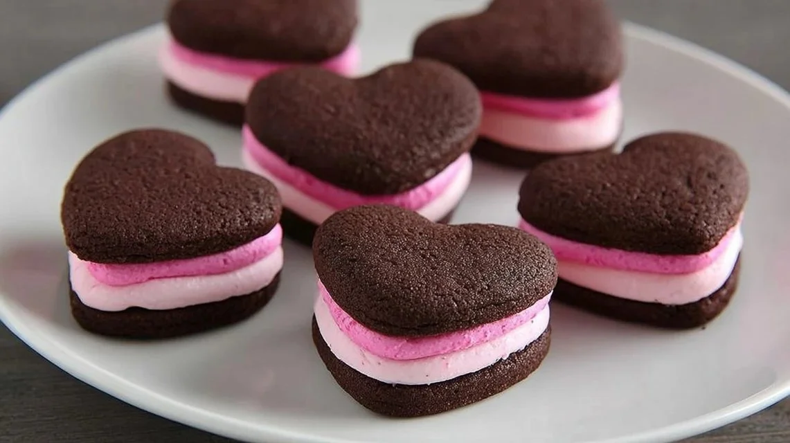Valentine sandwich cookies decorated with hearts and pink frosting