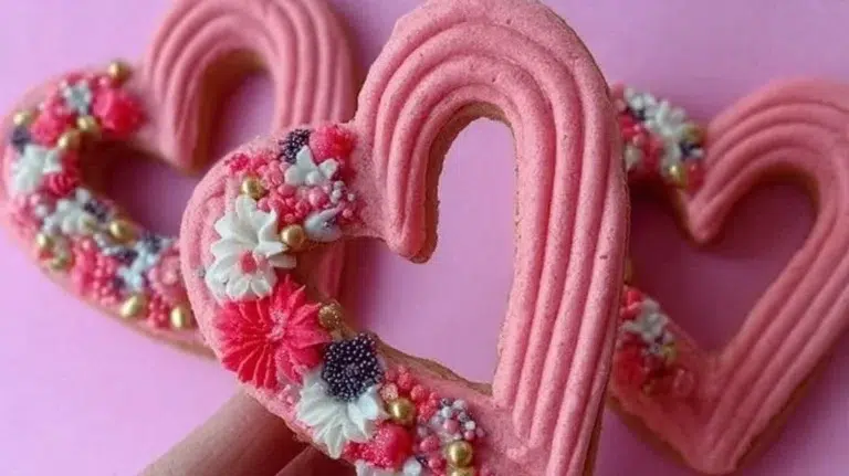 Heart-shaped rose cookies decorated for Valentine's Day